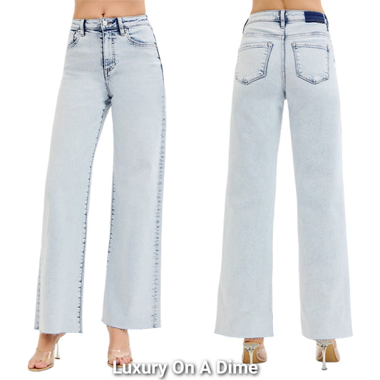 RISEN High-Rise Pants Baggy Wide Leg Cut-off Raw Hem Light Wash Jeans Denim Plus Size Available