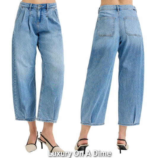 RISEN Baggy Mid-Rise Retro 80s Pleated Tapered Crop Wide Leg Mom Jeans Denim Pants Plus Size Available