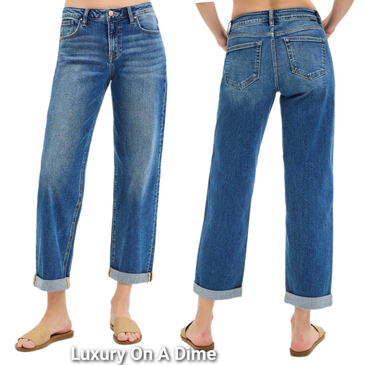 RISEN Mid-Rise Boyfriend Fit Jeans Roll-up Cuffed Ankle Hem Straight Leg Denim Pants Plus Size Available