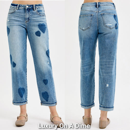 RISEN Mid-Rise Heart Boyfriend Jeans Cuff Ankle Hem Straight Leg Denim Pants Plus Size Available