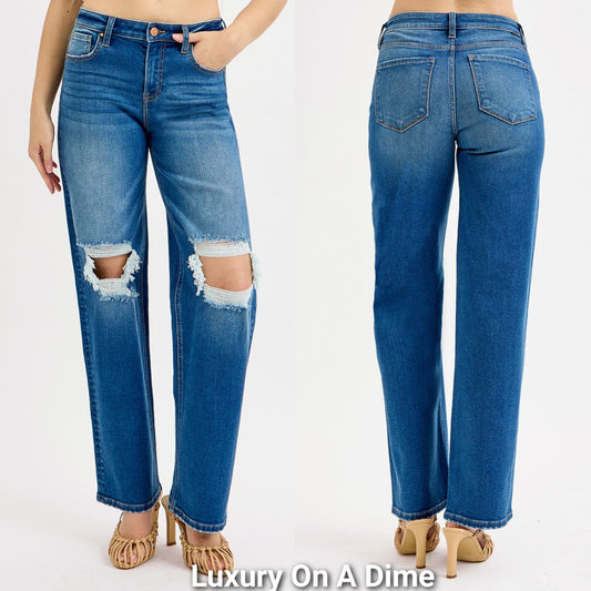 RISEN Mid-Rise Boyfriend Distressed Torn Knee Hole Jeans Straight Leg Denim Pants Plus Size Available