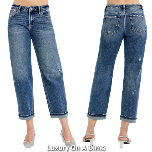 RISEN Low-Rise Boyfriend Fit Distressed Tapered Leg Cuffed Cropped Denim Pants Plus Size Available