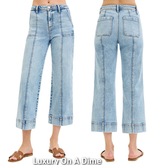 RISEN High-Rise Relaxed Cropped Wide Leg Vertical Seam Mom Jeans Denim Pants Plus Size Available