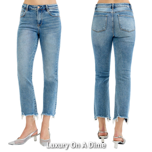 RISEN High-Rise Jeans Straight Leg Torn Cropped Ankle Hem Slim Fit Denim Pants Plus Size Available