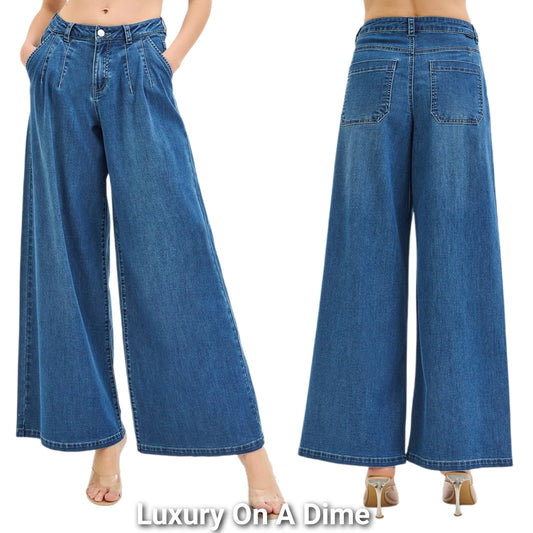 RISEN Baggy Palazzo Mid-Rise Waist Pleated Ultra Wide Oversized Leg Jeans Denim Pants
