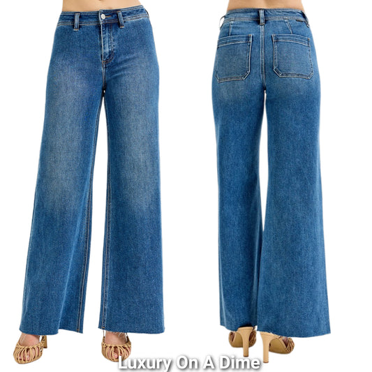 RISEN High-Rise 70s Flat Front Pants Baggy Wide Leg Cut Raw Hem Jeans Denim