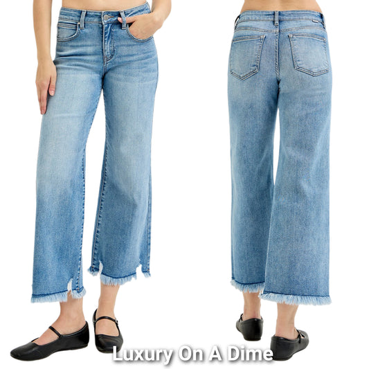 RISEN Mid-Rise Wide Leg Pants Frayed Torn Cropped Hem Boyfriend Denim Jeans Plus Size Available
