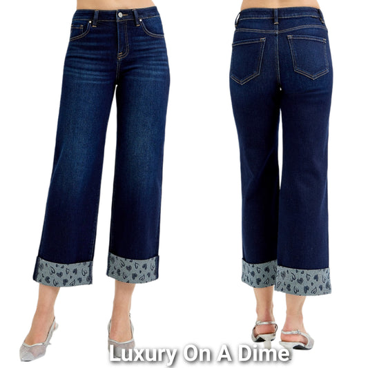 RISEN Mid-Rise Slim Fit Cuffed Heart Print Cropped Retro Pants Wide Leg Denim Jeans Plus Size Available
