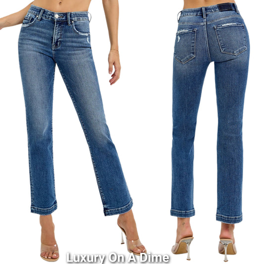 RISEN Tummy Control Mid-Rise Straight Leg Pants Slim Fit Distressed Denim Jeans Plus Size Available