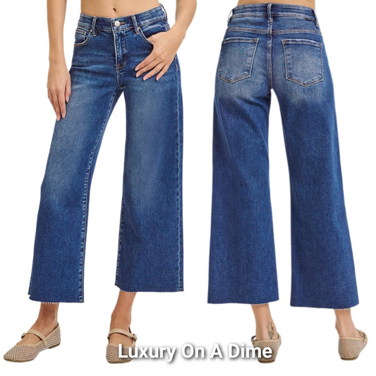 RISEN Mid-Rise Relaxed Fit Mom Jeans Wide Leg Cropped Raw Hem Denim Pants