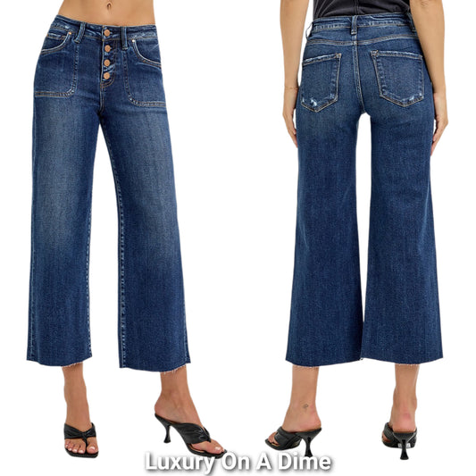 RISEN High-Rise Button Fly Slim Fit Pants Wide Leg Cropped Raw Hem Denim Jeans Plus Size Available