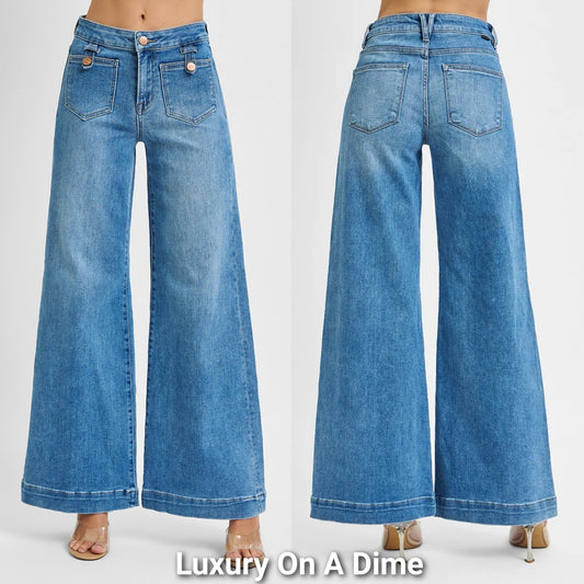 RISEN Mid-Rise 70s Flat Front Patch Pocket Pants Baggy Wide Leg Denim Jeans Plus Size Available