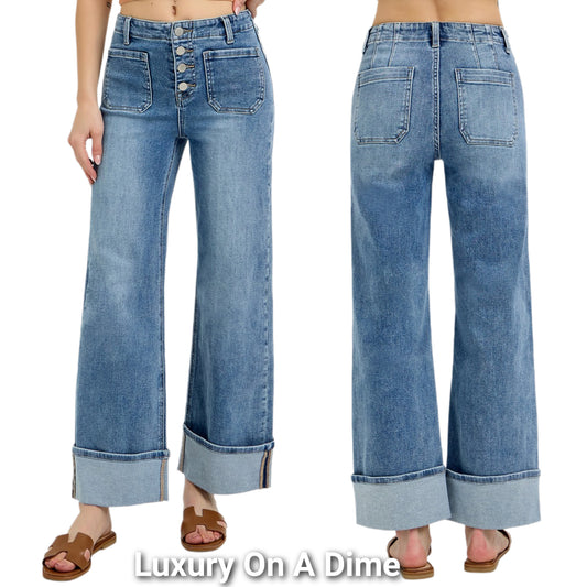 RISEN High-Rise 70s Patch Pocket Pants Button Fly Cuffed Wide Leg Denim Jeans