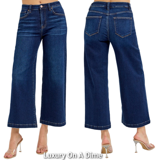 RISEN High-Rise Waist Cropped Baggy Wide Leg Pants Relaxed Fit Denim Jeans