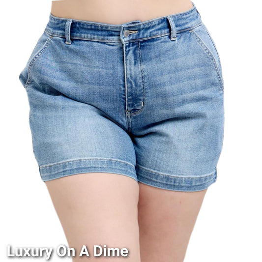 Judy Blue High-Rise Relaxed Boyfriend Fit Jean Mid-length Slit Pocket Denim Shorts Plus Size Only