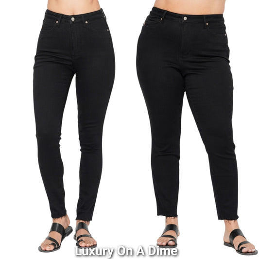 Judy Blue High-Rise Tummy Control Slim Fit Denim Pants Raw Frayed Hem Skinny Jeans Plus Size Available