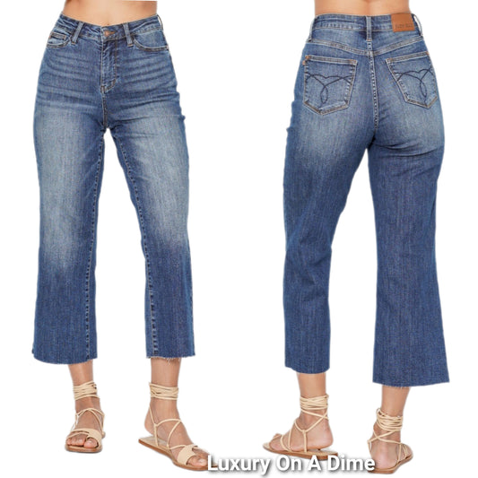 Judy Blue High-Rise Pants Wide Leg Cropped Raw Hem Embroidered Denim Jeans
