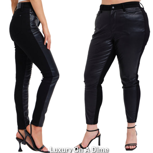 Judy Blue Split Vegan Faux Leather Black Denim Mixed Construction Skinny Jeans Pants Plus Size