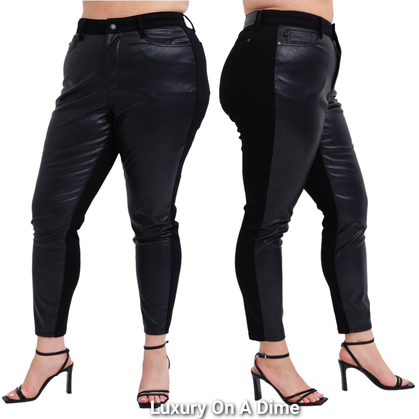 Judy Blue Split Vegan Faux Leather Black Denim Mixed Construction Skinny Jeans Pants Plus Size
