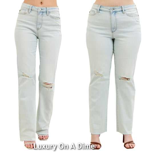 Judy Blue High-Rise Bootcut Jeans Relaxed Distressed Torn Knee Hole Denim Pants Plus Size Available