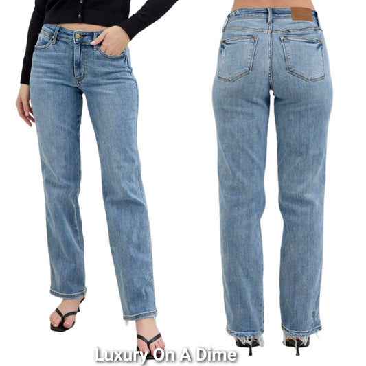 Judy Blue High-Rise Straight Leg Relaxed Dad Jeans Frayed Raw Hem Denim Pants