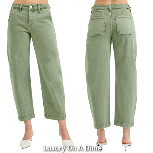 RISEN Barrel Jeans High-rise Tummy Control Tapered Cropped Hem Denim Pants Plus Size Available