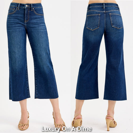 RISEN High-Rise Tummy Control Slim Fit Pants Wide Leg Cropped Raw Hem Denim Jeans Plus Size Available