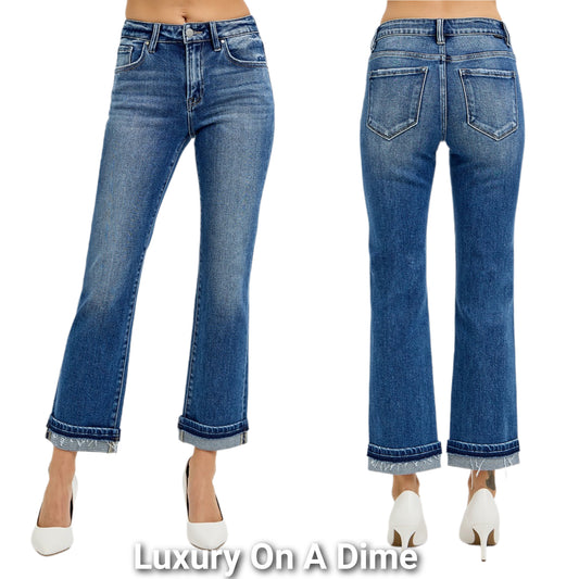 RISEN Mid-Rise Slim Fit Jeans Ankle Cuffed Raw Hem Straight Leg Denim Pants