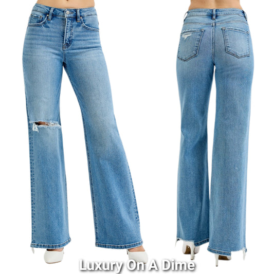 Risen High-Rise Waist Slim Pants Wide Leg Distressed Torn Knee Raw Hem Denim Jeans