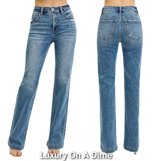 RISEN High-Rise Waist Bootcut Jeans Distressed Raw Hem Slim Fit Denim Pants Plus Size Available