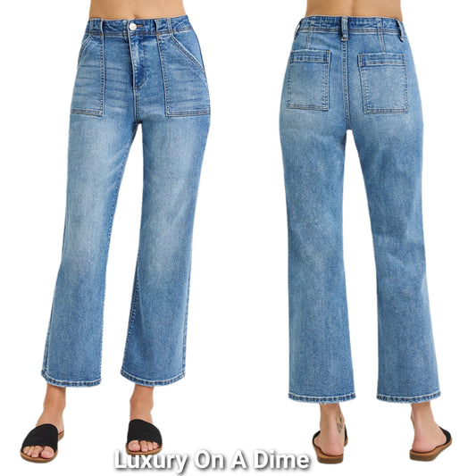 RISEN High-Rise Bootcut Cropped Ankle Mom Jeans 90s Patch Pocket Denim Pants Plus Size Available