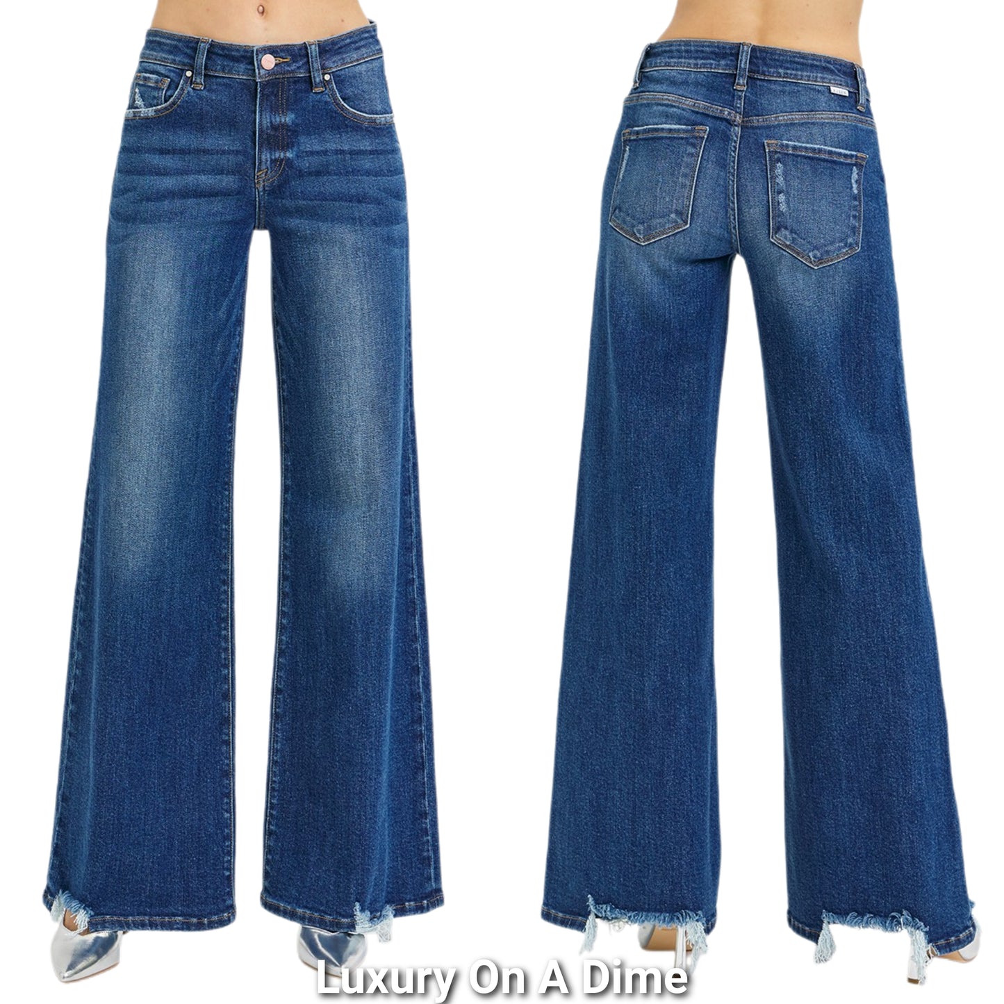 RISEN Mid-Rise Slim Fit Waist Baggy Wide Leg 70s Distressed Hem Pants Denim Jeans Plus Size Available