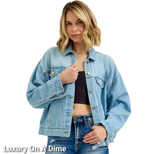 RISEN Boyfriend Collared Denim Chest Pocket Button-Up Oversized Classic Jean Jacket