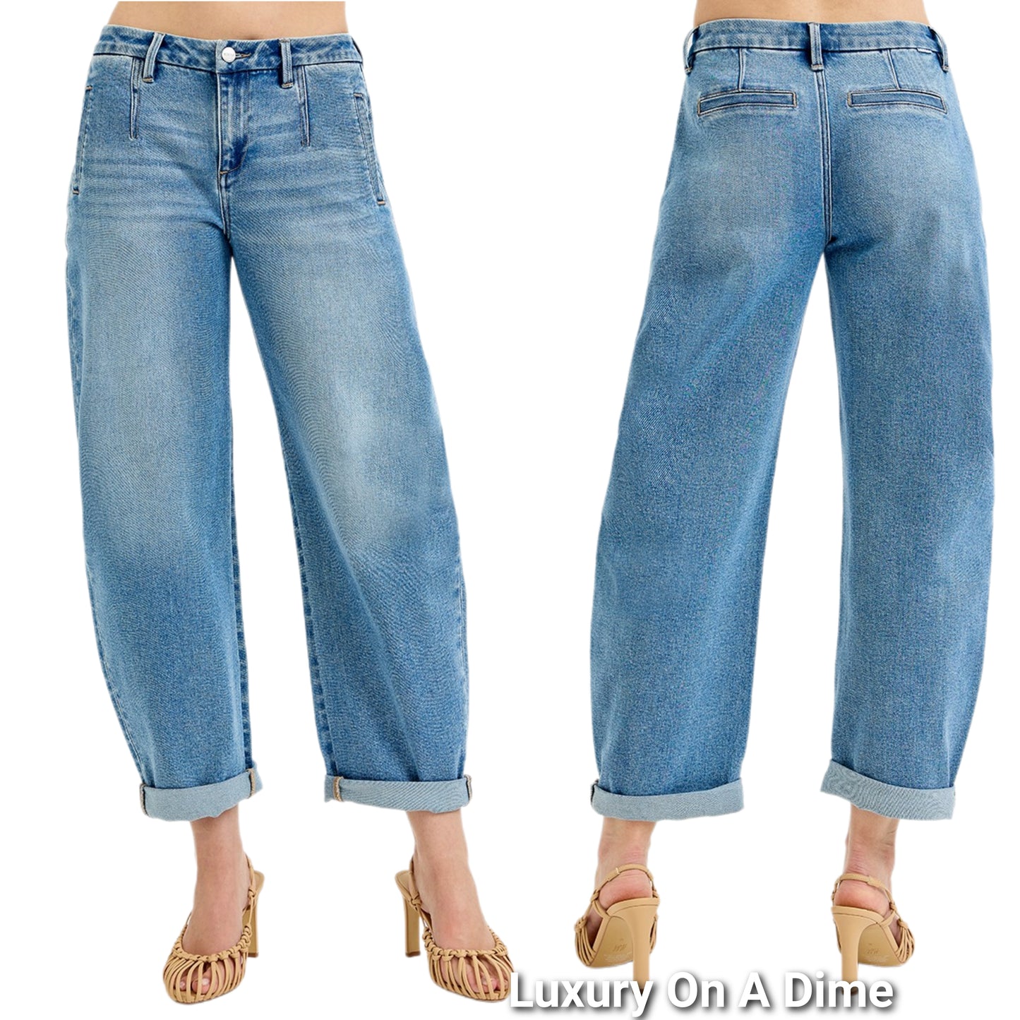 RISEN Mid-Rise Barrel Jeans Baggy Palazzo Tapered Leg Rolled Hem Denim Pants Plus Size Available