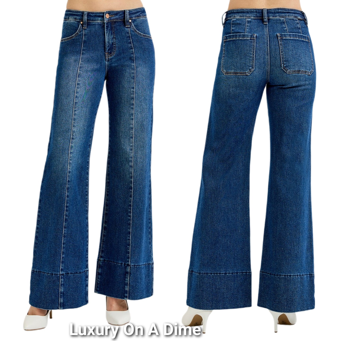RISEN Mid-Rise Tummy Control Pants Vertical Seam Wide Flare Leg 70s Denim Jeans Plus Size Available