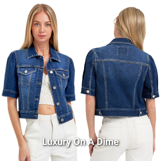 RISEN Cropped 90s Retro Jean Button-Up Chest Pocket Half Sleeve Denim Jacket