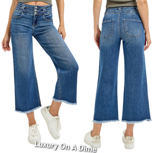 RISEN High-Rise Tripple Button Pants Baggy Wide Leg Cropped Raw Hem Denim Jeans
