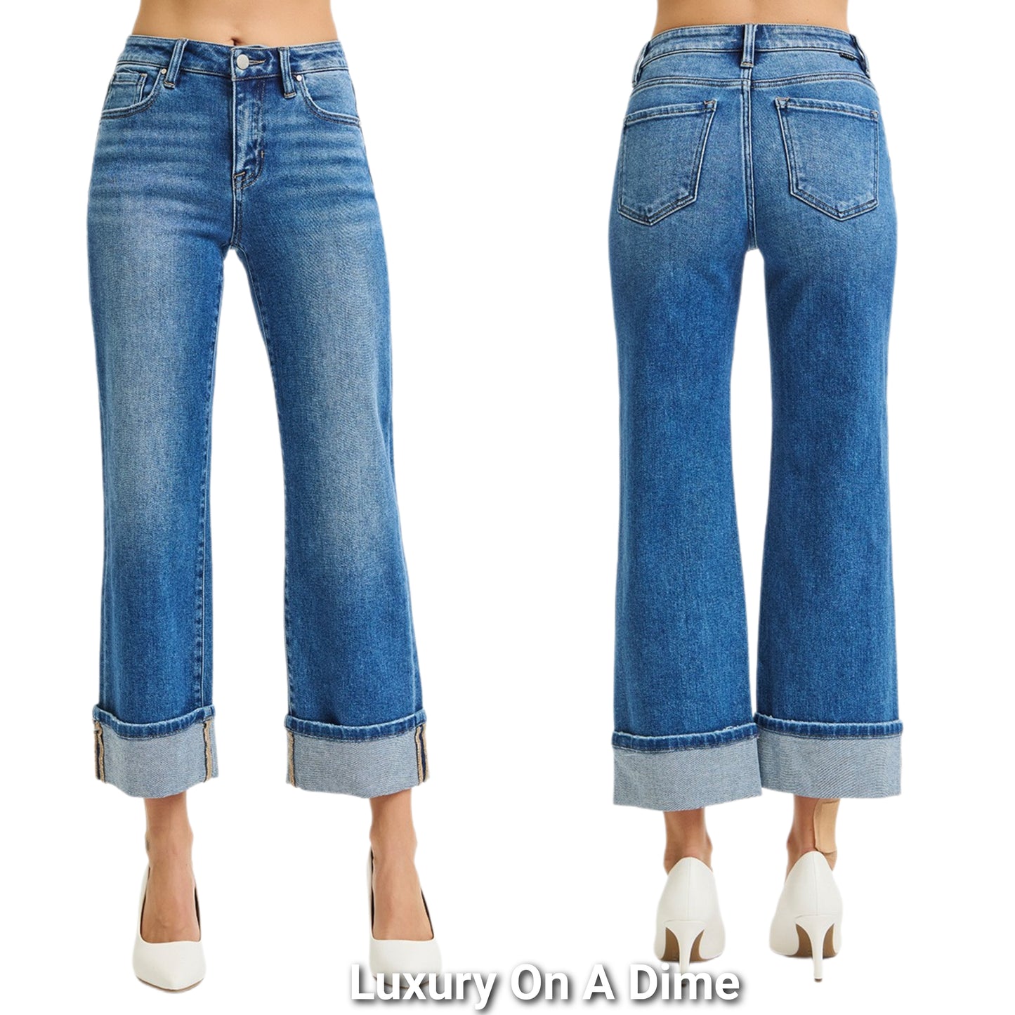 RISEN Mid-Rise Boyfriend Fit Jeans Ankle Cuffed Straight Leg Cropped Denim Pants Plus Size Available