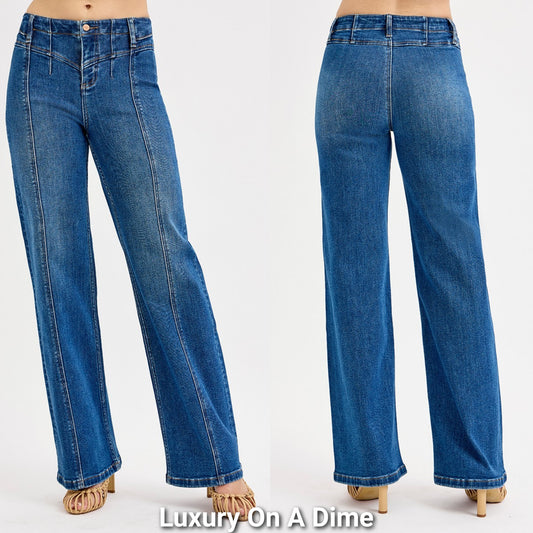 RISEN Mid-Rise Pleated Slim Fit Pants Vertical Seam Wide Leg 70s Denim Jeans