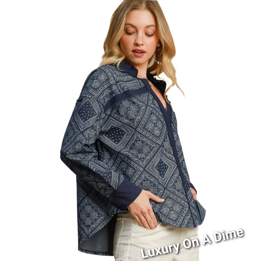 Umgee Denim Shacket Raw Seam Retro Patchwork Paisley Boho Jean Button Dress Shirt Jacket