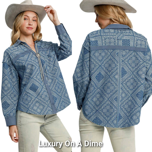 Umgee Denim Shacket Raw Seam Retro Paisley Boho Jean Button Dress Shirt Jacket