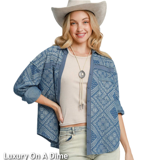 Umgee Denim Shacket Raw Seam Retro Paisley Boho Jean Button Dress Shirt Jacket