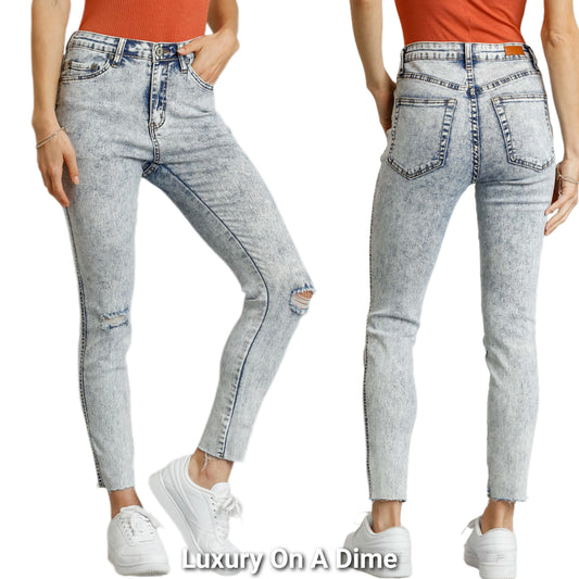 Umgee Skinny High-Rise Ankle Slim Pants Distressed Acid Wash Denim Raw Hem Jeans