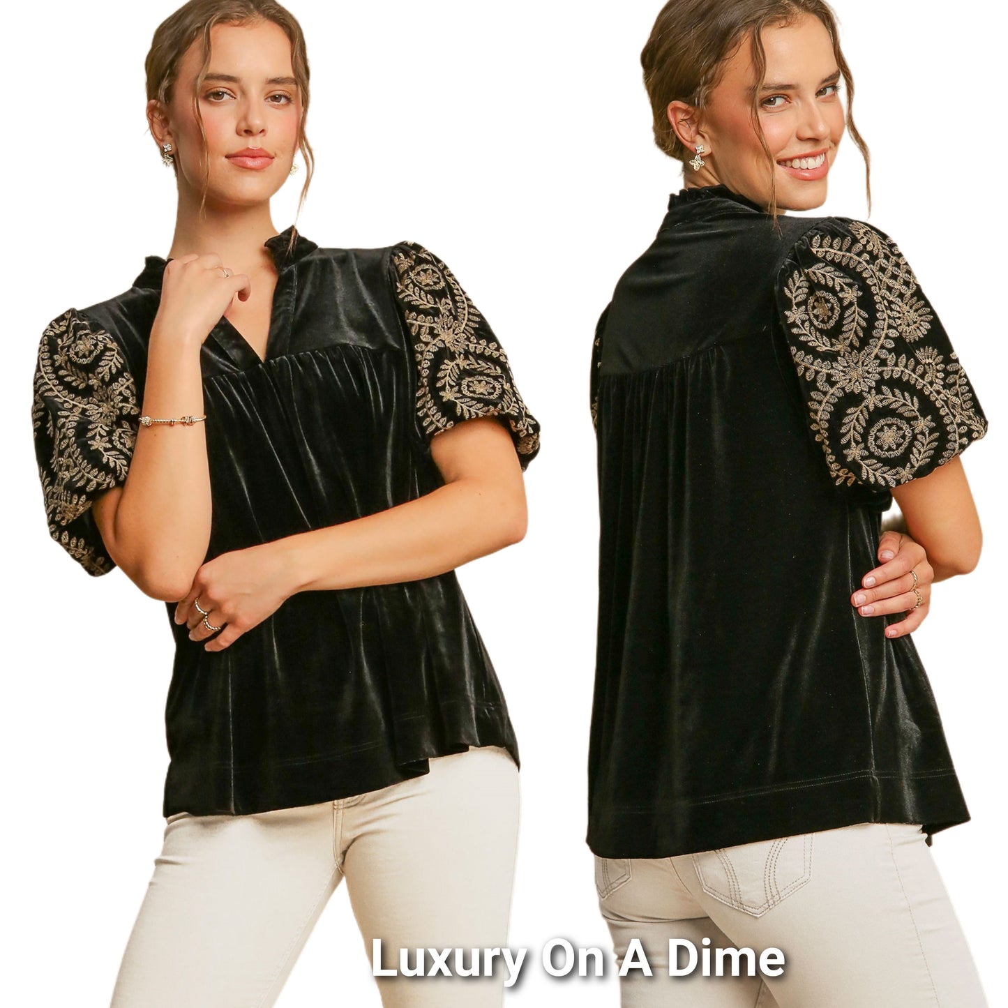 Umgee Velvet Embroidered Floral 70s Retro Babydoll Shirt Top Blouson Sleeve Blouse Plus Size Available Black