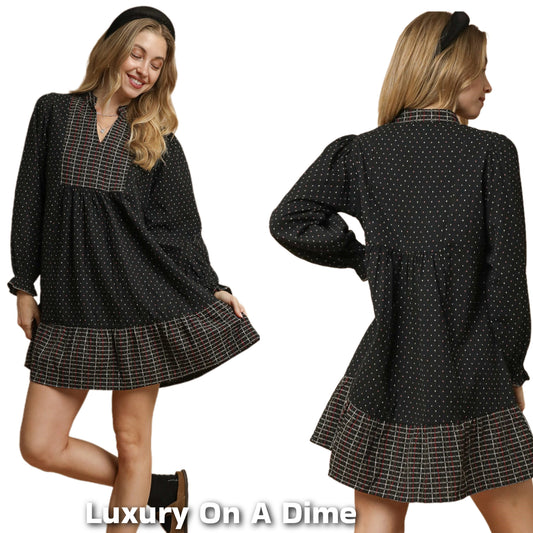 Umgee 90s Retro Boho Babydoll Polka Dot Plaid Contrasting Oversized Mini Linen Dress