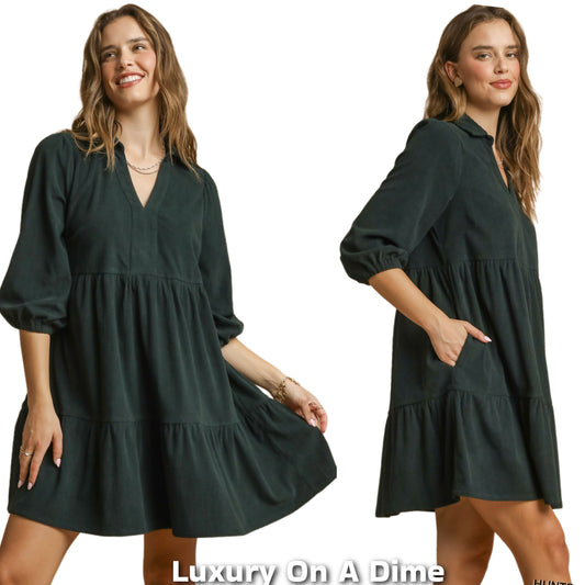 Umgee Corduroy Tiered Babydoll Mini Dress Balloon Long Sleeve Johnny Collar Green