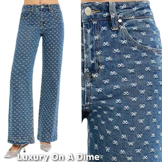 Risen Embroidered Bow High-Rise Waist Slim Fit Pants Wide Leg Denim Jeans