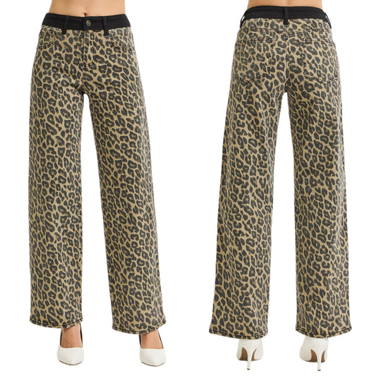 Risen Leopard Denim High-Rise Retro 90s Pants Relaxed Boyfriend Fit Wide Leg Jeans