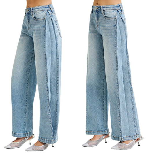 RISEN Barrel Jeans Mid-rise Baggy Wide Leg Tapered Palazzo Snap Hem Denim Pants