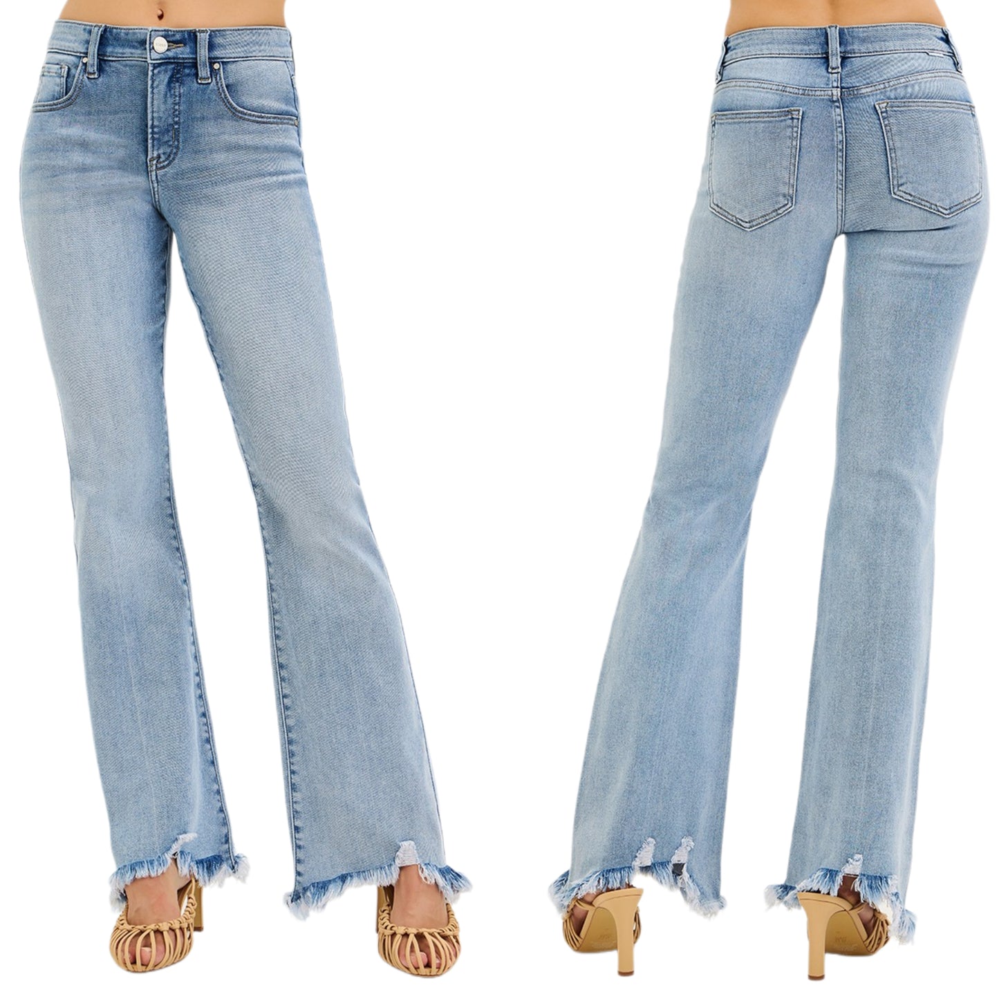 RISEN Mid-Rise Tummy Control Jeans Slim Flare Leg Raw Frayed Hem Denim Pants Plus Size Available